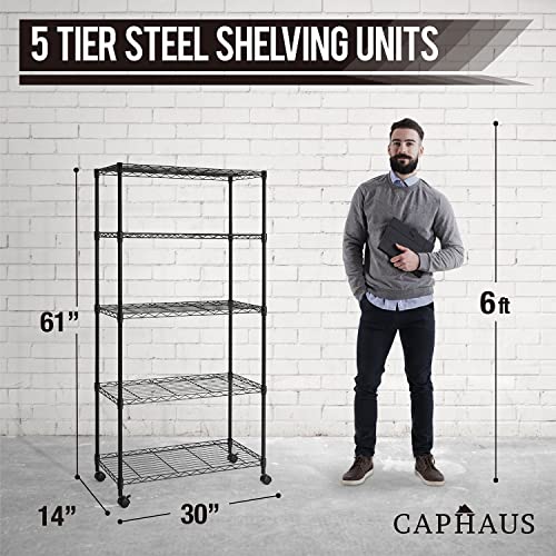 3/4/5-Tier Adjustable Height Wire Shelving Unit, Wire Rack Shelving, Metal Steel Storage Shelves, Garage Shelving Storage Organizer, Utility Storage Shelf, 5-Tier With Wheels, Black (5 Count)