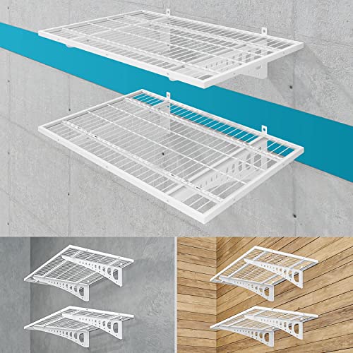 2-Pack 2×3ft(24×36 inch) Garage Wall Shelving, 500 lbs Load Capacity, Garage Wall Mounted Shelves, Heavy Duty Shelf with Hooks, White