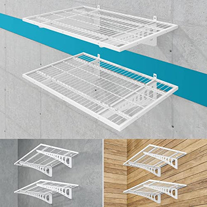 2-Pack 2×3ft(24×36 inch) Garage Wall Shelving, 500 lbs Load Capacity, Garage Wall Mounted Shelves, Heavy Duty Shelf with Hooks, White