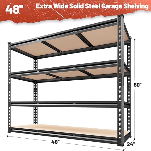 48" W Garage Shelving Heavy Duty 2550 LBS Storage Shelves 4 Tier Heavy Duty Shelving