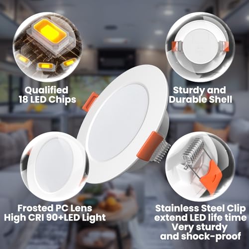 12 Volt 3 Inch Ultra Thin LED Recessed Ceiling Lights for RV Interior 3W 6000K 12V LED Downlights Dimmable RV Puck Lights for Camper Van Boat Under Cabinet Lighting (6 Count)