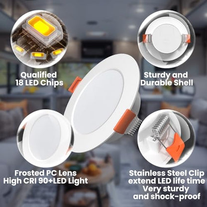12 Volt 3 Inch Ultra Thin LED Recessed Ceiling Lights for RV Interior 3W 6000K 12V LED Downlights Dimmable RV Puck Lights for Camper Van Boat Under Cabinet Lighting (6 Count)