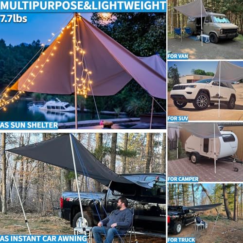Portable Suction Cup Car Awning 6.5ftx9.8ft Gray