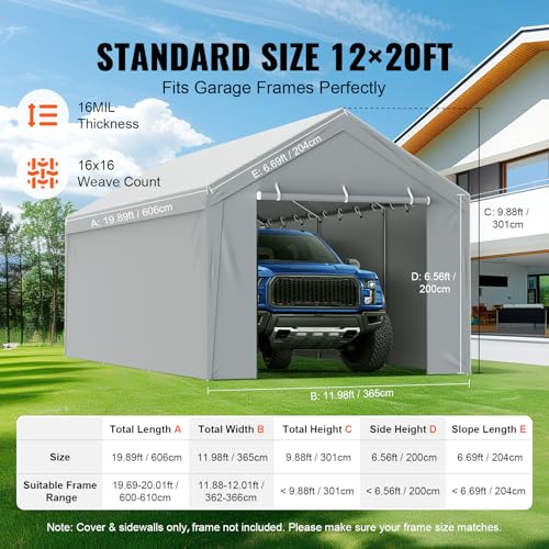 Carport Replacement Canopy Cover Top + Side Wall 12 x 20 ft