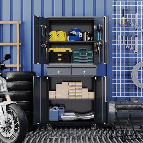 71" Rolling Metal Garage Cabinet with 2 Drawers and Pegboard Doors