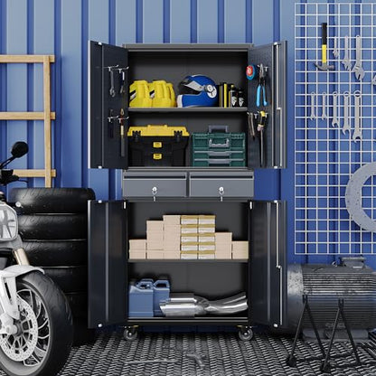 71 Inch Metal Garage Cabinet with 2 Drawers and Pegboard Doors