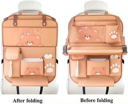 Car Organizer for Back Seat - Bear Design Storage Bag with Multi-Pockets, Kick Mat, Cup Holder, Trash Can, Table & Phone Holder | PU Leather, Waterproof, Easy Clean Car Accessories