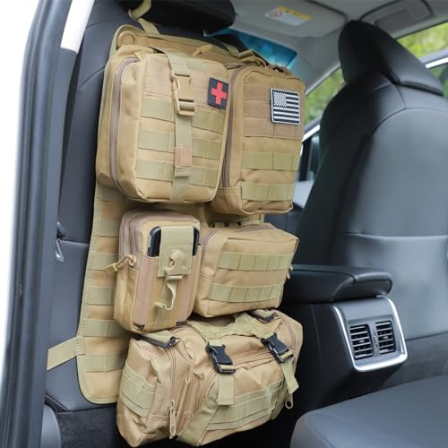 tactical car seat back organizer and storage truck seat covers with a Molle Vehicle Panel and 5 Different Size Molle Pouches for most models such as Jeep