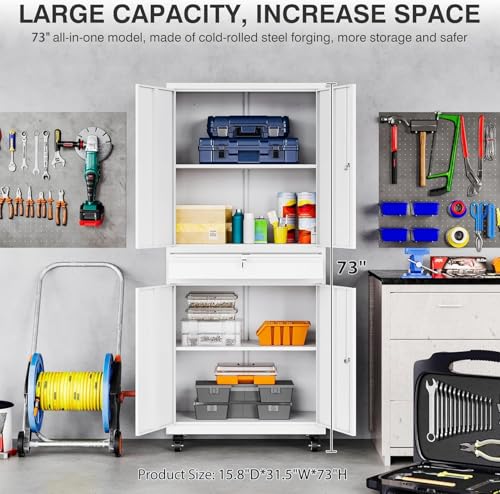 White Metal Storage Cabinet with Wheels and Drawer