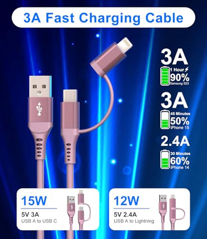 USB to USB C and Lightning Pink Car Charger Cable