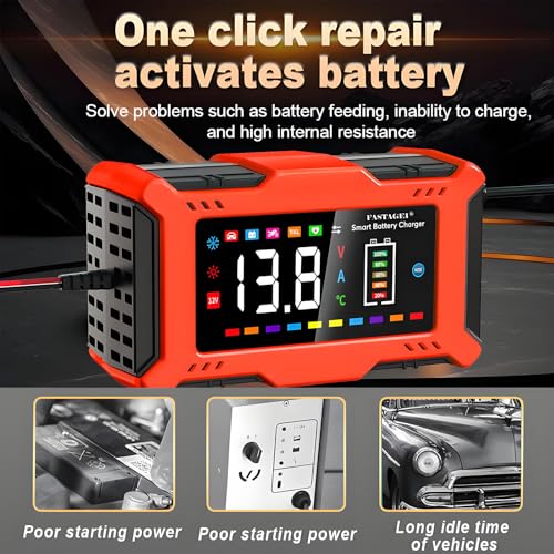 LiFePO4 Lead Acid Battery Charger Smart Battery Trickle Charger 12V 6A Automotive Battery Maintainer Desulfator Temp Compensation for Car Truck Motorcycle Lawn Mower Marine RV