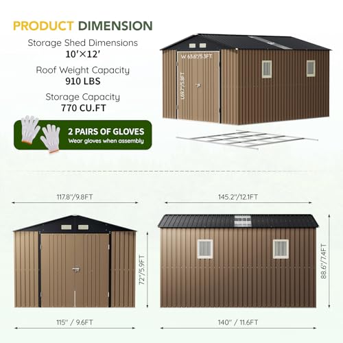 Outdoor Steel Storage Shed with Floor Frame 10 x 12 ft