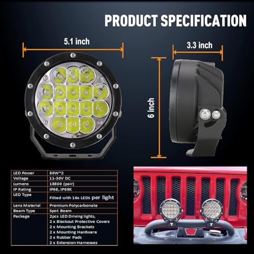 Pair 160w 5 Inch Round Led Offroad Driving Lights Fog Lights 18800LM Offroad Spot Light Driving Light Pods Light Bar with Wiring Harness 12V 24V for Car Trucks SUV UTV ATV