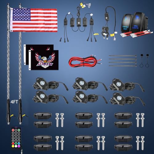 RGB LED Whip Light 2PCS 4FT with 4 Rock Lights Combo