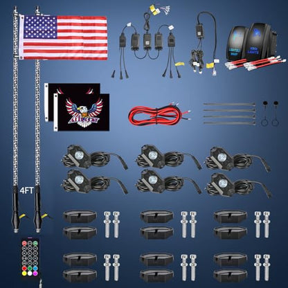 RGB LED Whip Light 2PCS 4FT with 4 Rock Lights Combo