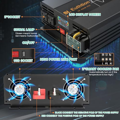 2000W Pure Sine Wave Power Inverter 12V DC to 120V AC 60HZ with LCD Display