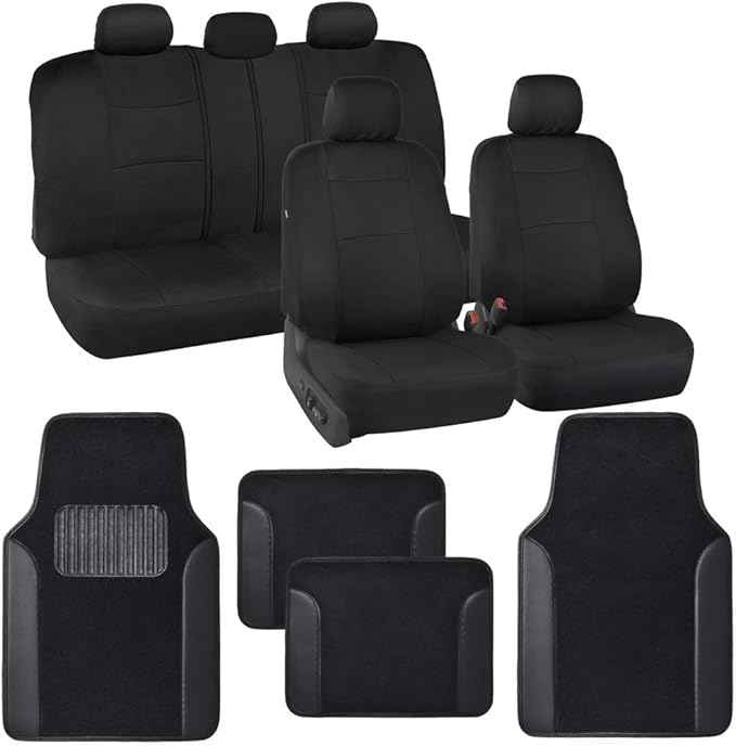 BDK PolyPro Black Car Seat Covers Full Set with Matching Carpet Floor Mats - Automotive Seat Covers for Cars Trucks SUV - Includes Split Bench Rear Seat Cover - Interior Car Accessories