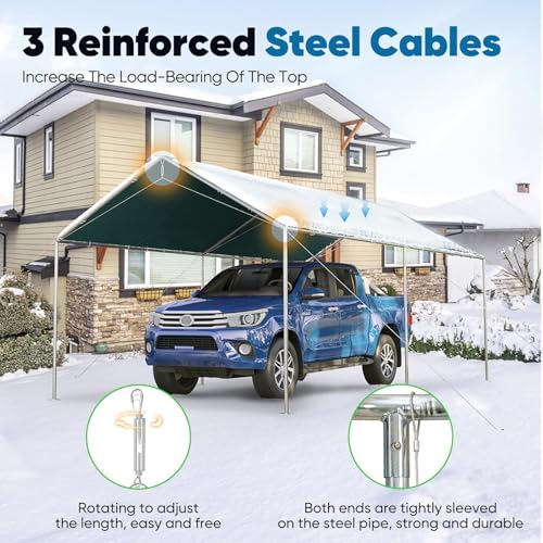 10x20 ft Heavy Duty Car Canopy Galvanized Frame Carport Outdoor Party Tent Boat Shelter with 3 Reinforced Steel Cables