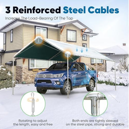 10x20 ft Heavy Duty Car Canopy Galvanized Frame Carport Outdoor Party Tent Boat Shelter with 3 Reinforced Steel Cables