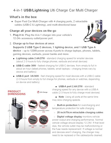 Ulti Charge iPhone Car Charger USB C Fast Charge Retractable 120W 4