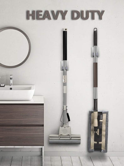 HANZE 4 Pack Stainless Steel Mop Broom Holder Organizer, Self Adhesive Wall Mounted Mop Organizer Storage Rack Clip for Kitchen Bathroom and Garage (Rectangle, Large)