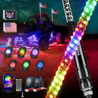 RGB LED Whip Light 2PCS 3FT with 6 Rock Lights Combo
