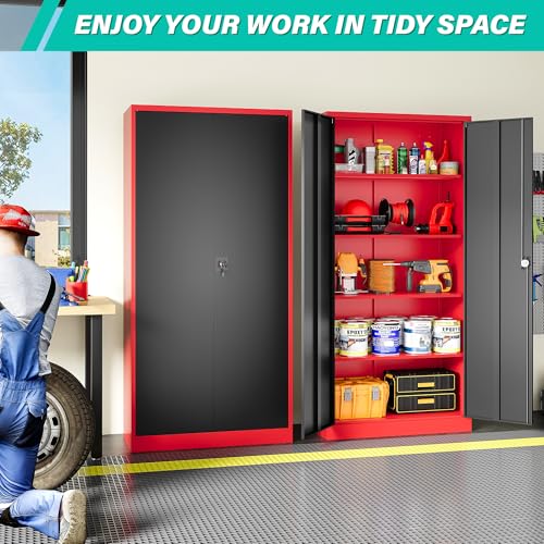 Red Metal Storage Cabinet with Locking Doors and Shelves