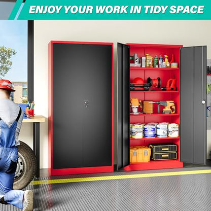 Red Metal Storage Cabinet with Locking Doors and Shelves