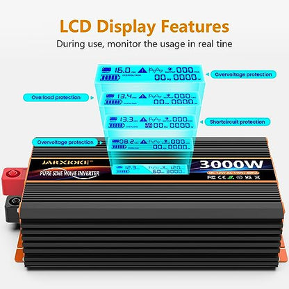 3000 Watt Pure Sine Wave Power Inverter 12V DC to 110V 120V Converter for Family RV Off Grid Solar System Car with Type