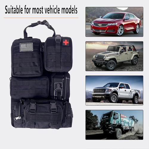 tactical car seat back organizer and storage truck seat covers with a Molle Vehicle Panel and 5 Different Size Molle Pouches for most models such as Jeep