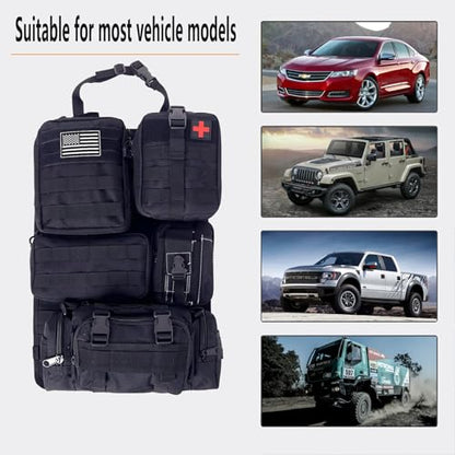 tactical car seat back organizer and storage truck seat covers with a Molle Vehicle Panel and 5 Different Size Molle Pouches for most models such as Jeep