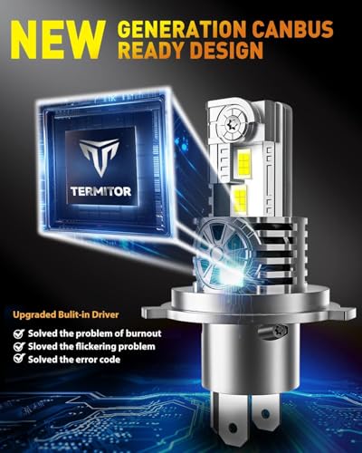 H4/9003/HB2 Light Bulb for Motorcycle, 30,000LM High Brightness, 6500K Cool White, 1:1 Halogen Size, Plug and Play Hi/Low Beam Bulb, 75K+ Hour Lifespan with Cooling Fan, Pack of 1