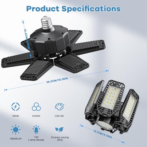 Garage Light 180W 18000 LM 6500K Deformable Garage Lights Ceiling LED with 6+1 Adjustable Panels