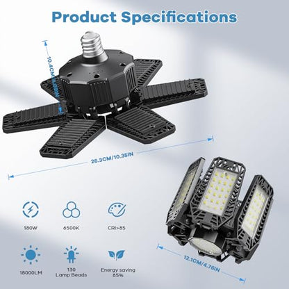 Garage Light 180W 18000 LM 6500K Deformable Garage Lights Ceiling LED with 6+1 Adjustable Panels