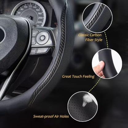 Black Steering Wheel Cover with Coasters Leather Universal 15 inch