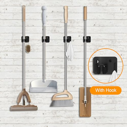 4 Pack Stainless Steel Heavy Duty Broom Holder Wall Mount with Hook (4 Count)