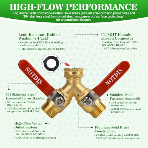 Hose Splitter 2 Way Heavy Duty Brass Garden Hose Splitter with 304 Stainless Steel Long Handle Outdoor Full Flow Hose Splitter Connector