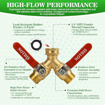 Hose Splitter 2 Way Heavy Duty Brass Garden Hose Splitter with 304 Stainless Steel Long Handle Outdoor Full Flow Hose Splitter Connector