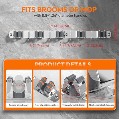 5 Grippers Broom Holder Wall Mount with 4 Hooks Stainless Steel