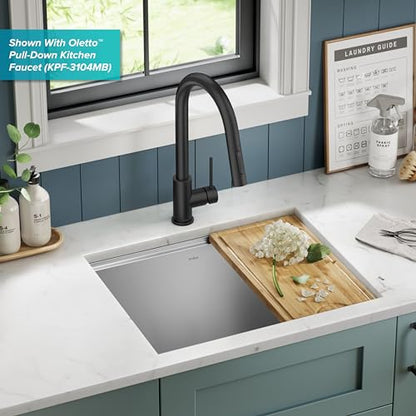 Kore 23 Inch Undermount Workstation Single Bowl 16 Gauge Deep Laundry Utility Stainless Steel Kitchen Sink with Accessories