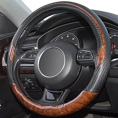 Wood Grain Steering Wheel Cover Black Universal Microfiber Leather