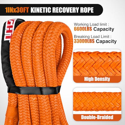 Kinetic Recovery Rope 33000 LBS 1" x 30ft Snatch Strap Heavy Duty Offroad Towing Starp Kit Vehicle Recovery kit for UTV ATV SUV Truck Car Jeep Tractor