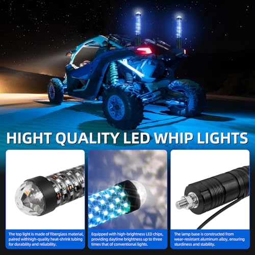 2Pack 1FT Fat Whip Lights New Upgraded Spiral LED Whip Light with Strobe Light RGB Chasing Dancing Lighted Antenna Whips W (2 Count)