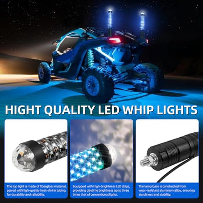 2Pack 1FT Fat Whip Lights New Upgraded Spiral LED Whip Light with Strobe Light RGB Chasing Dancing Lighted Antenna Whips W (2 Count)