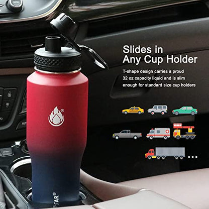 32oz Water Bottle Wide Mouth Stainless Steel Vacuum Insulated Double Wall with 2 Straw Lids Fit in Any Car Cup Holder