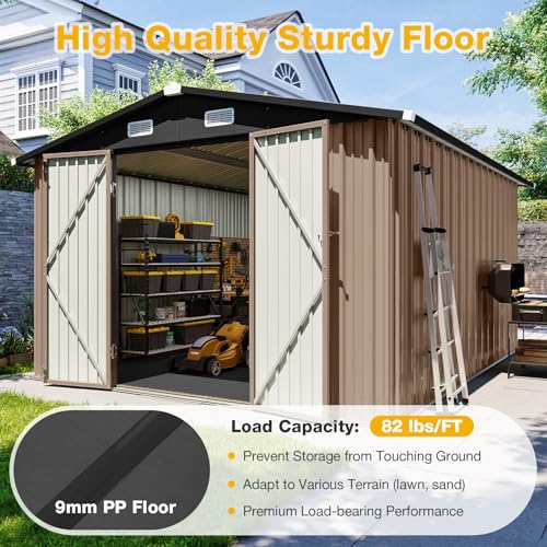 10x12 FT Outdoor Storage Shed with Floor & Lockable Double Doors