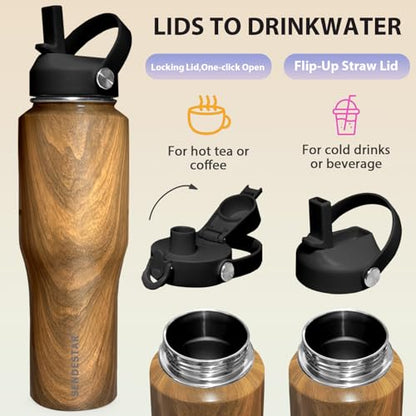 32oz Water Bottle Wide Mouth Stainless Steel Vacuum Insulated Double Wall with 2 Straw Lids Fit in Any Car Cup Holder