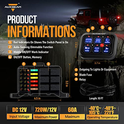 6 Gang Switch Panel BC60 Universal Circuit Control Relay System Automatic Dimmable LED Switch Pod Touch Control Panel Switch Box for Car Truck Pickup Boat UTV SUV
