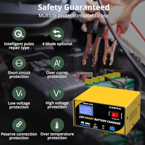 12 Volt Battery Charger 7A Smart Car Battery Charger and Maintainer with Cable Clamps