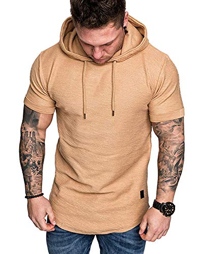 Mens Fashion Hoodies Sport Pullover Solid Color Shirt Workout Lightweight Tops Khaki XX